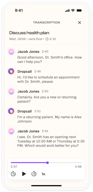 Dropcall call transcription screen