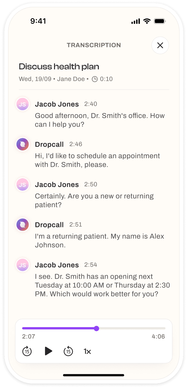 Dropcall past calls and transcription screen